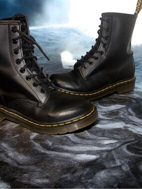 Dr. Martens Black Leather Lace-Up Combat Boots with Yellow Stitching